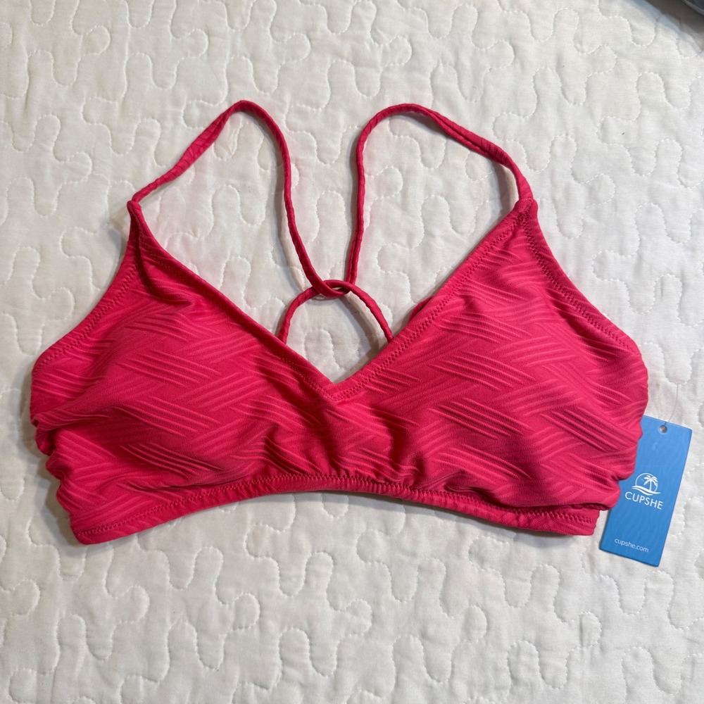 NWT Cupshe Women Medium Bikini Top Pink Crisscross Tie back TROPICAL VACATION